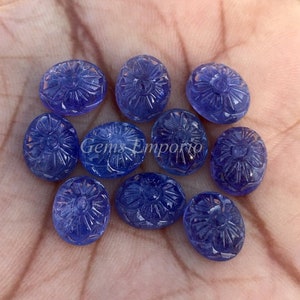 Natural Tanzanite Flower Carved Oval Cabs, Size 10x8 mm, Fine Quality Tanzanite Carvings, Oval Cabochons, Price Per Piece.
