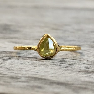 Yellow Diamond Ring, Natural Pear Diamond 0.67 Ct, 18k Yellow Gold, Handmade Hammer Textured Ring, Gift For Her, Engagement Ring.