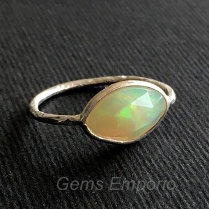 Ethiopian Opal Ring, Birthstone Stone Ring, Stackable Ring, Handmade Ring, Hammered Texture, 925 Silver Ring, Birthday Gift.
