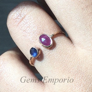 Ruby & Sapphire Ring, Two Stone Ring, Gold Stack Ring, Handmade Ring with Hammered Texture, 14k Gold Ring, 18k Gold Ring, Sapphire Ring
