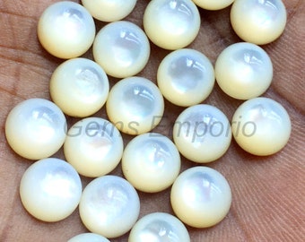 May include: A collection of 20 white mother of pearl cabochons, each with a round shape and a smooth, polished surface. The cabochons are arranged in a random pattern on a hand.