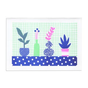 Carte Home sweet home : illustration végétales, risographie, couleurs fluo, passion plantes, plantes vertes illustrées