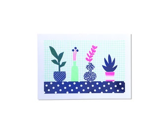 Postcard illustration plants decoration 15 x 10 cm handmade risography