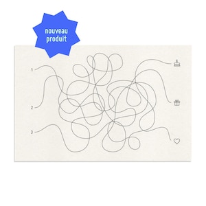 Carte Labyrinthe : cherche et trouve, chemin emmêlés, surprise à dévoiler, choix multiple