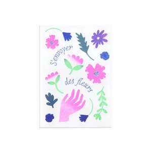 Carte S'envoyer des fleurs : illustration fleurs, risographie, couleurs fluo, passion fleurs, bouquet éternel illustré, expression fleurs