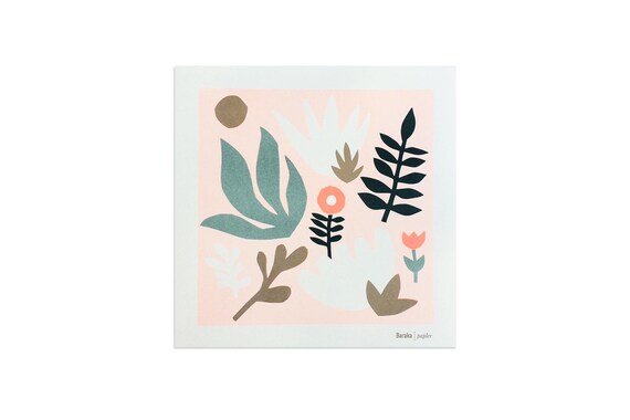 Affiche inspiration Matisse : illustration fleurie, risographie, couleurs fluo, décoration fleurs, papier découpé, poster fleurs