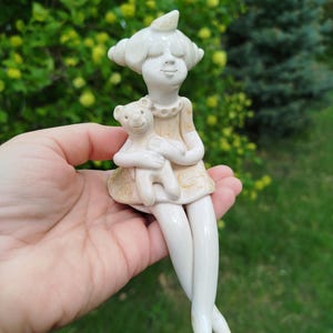 Girl with a bear in her hands- Fairy Sitting on shelf Statuette Lovely Original Nice Hand Made Figurine Rustic Home Decor,Tiny ceramic dolls
