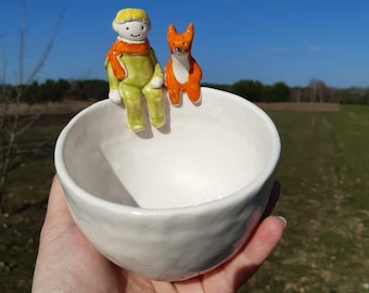 Ceramic bowl with a Little Prince and fox , Little Prince ,Keramika  ,Fox , Handmade home decor , Saint Exupéry ,Art , Trend ,Bookly Person