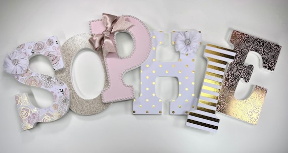 Girls Gold Nursery Letters, Pink and Gold Nursery Letters, White