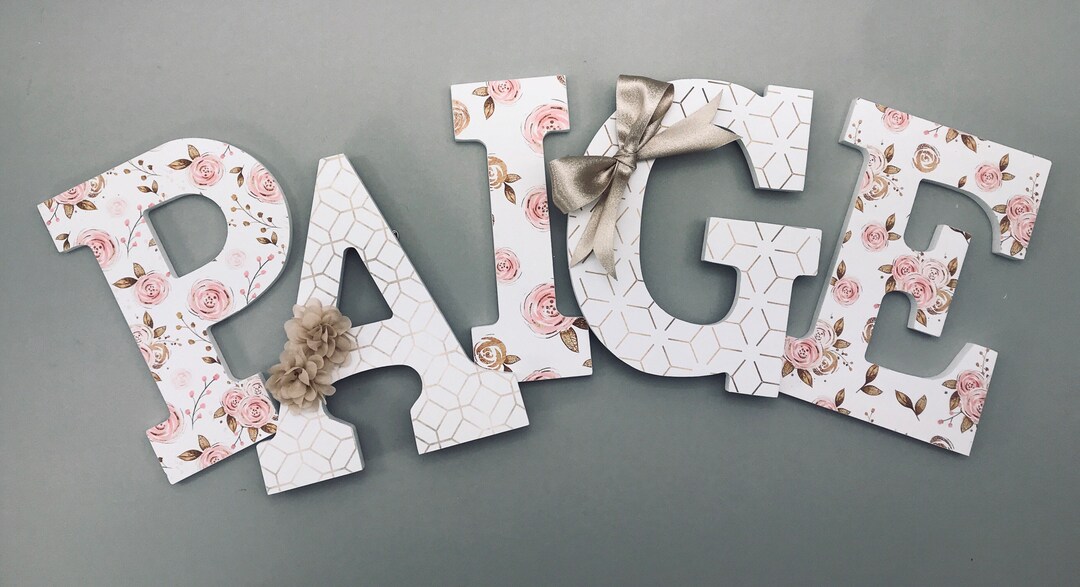Girls Nursery Letters, White Pink Gold Floral Letters, Baby Girl Name