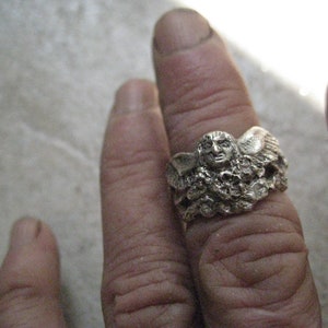 May include: A silver ring with a detailed design of a winged figure with a face. The ring is worn on a finger.