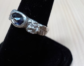 Sterling and Blue Spinel Rose Pattern Ring