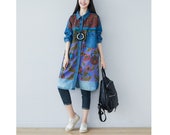 Womens Loose Fitting Printed Floral Denim Cotton Shirt Dress With Pockets, Womans Casual Dress, Jeans Blouses, Cotton Dress, Dress For Women
