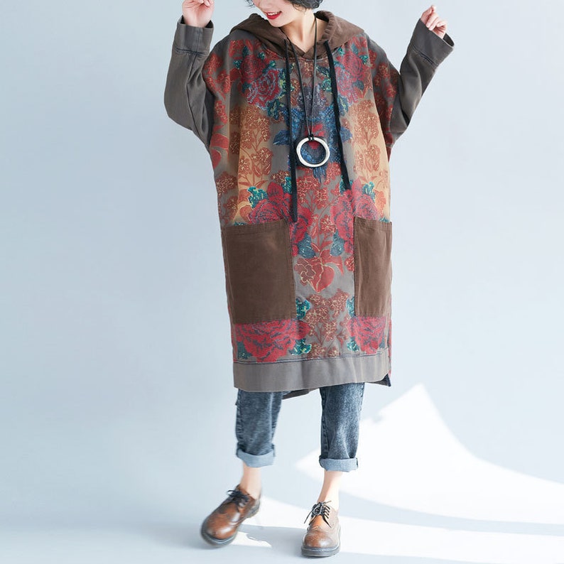 Womens Autumn Loose Fitting Printed Floral Patchwork Hooded Cotton Dress With Pockets Casual Dress Autumn Dress For Women Casual Hoodie