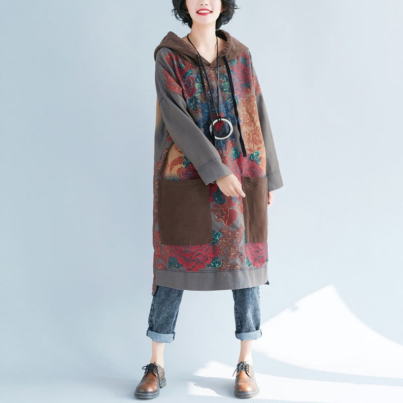 Womens Autumn Loose Fitting Printed Floral Patchwork Hooded Cotton Dress With Pockets Casual Dress Autumn Dress For Women Casual Hoodie