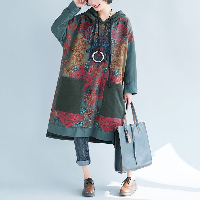 Autumn Dress For Women Womens Autumn Loose Fitting Printed Floral Patchwork Hooded Cotton Dress With Pockets Casual Hoodie Casual Dress