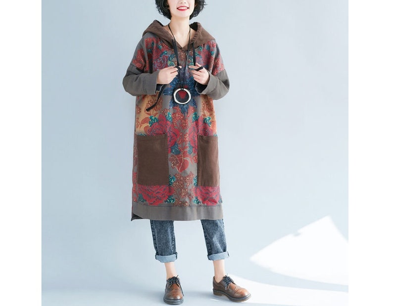 Womens Autumn Loose Fitting Printed Floral Patchwork Hooded Cotton Dress With Pockets Casual Dress Autumn Dress For Women Casual Hoodie
