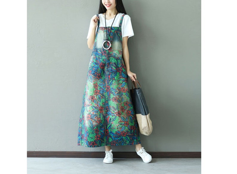 Womens Casual Loose Fitting Printed Floral Denim Jeans Dress With Pockets,Womans Casual Dress,Denim Dress Long Dress For Women Jeans Dress
