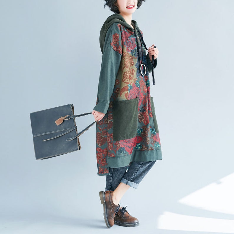 Autumn Dress For Women Womens Autumn Loose Fitting Printed Floral Patchwork Hooded Cotton Dress With Pockets Casual Hoodie Casual Dress
