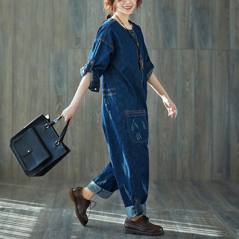 Denim Dungarees Full Length Jumpsuit Overalls Braces Loose Top Womens Ladies