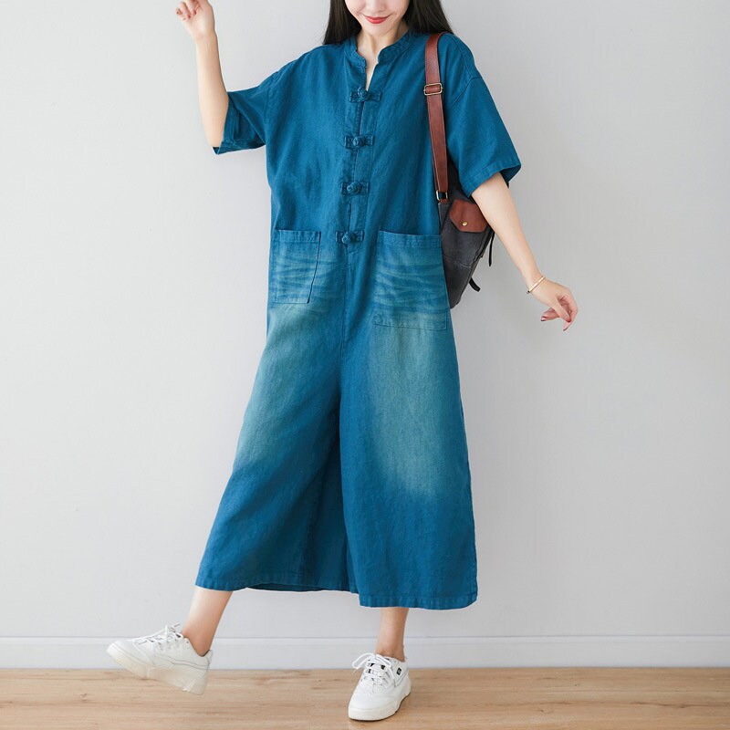 Womens Retro Loose Fitting Cotton Linen Jumpsuit With Pockets Etsy