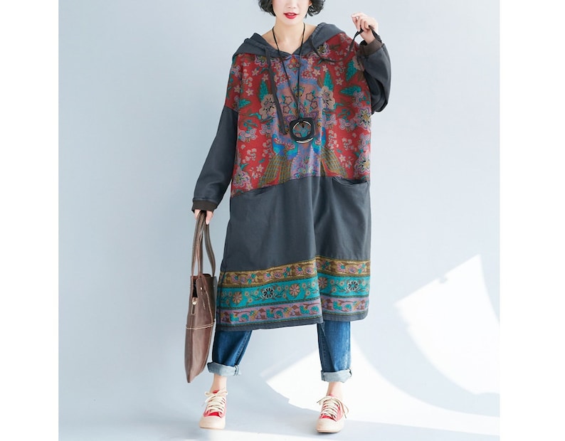 Womens Autumn Loose Fitting Printed Floral Patchwork Cotton Hoodie Dress With Pockets Autumn Dress Casual Dress Bust140CM Casual Hoodie