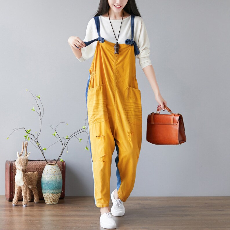 Womens Loose Fitting Printed Floral Ripped Cotton Overalls Etsy