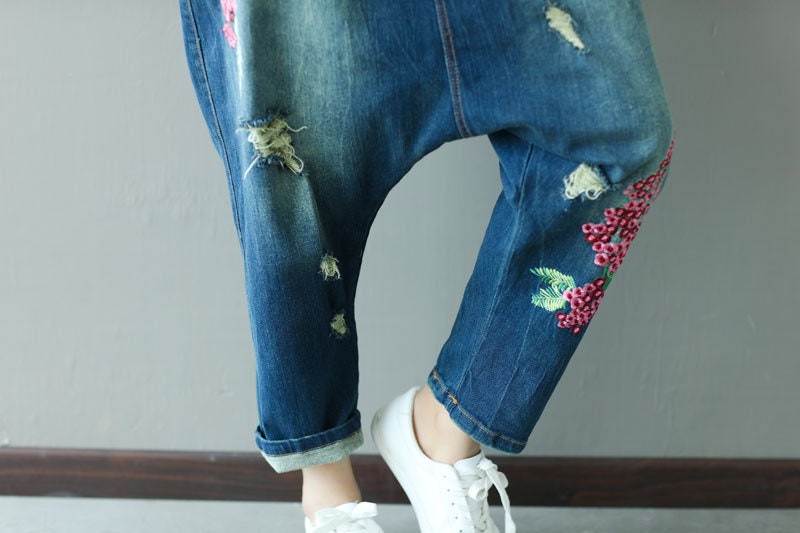 Womens Loose Fitting Ripped Jeans Embroidery Patchwork Jeans - Etsy