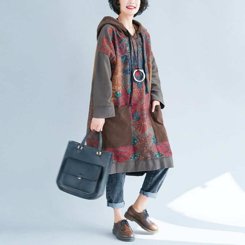 Womens Autumn Loose Fitting Printed Floral Patchwork Hooded Cotton Dress With Pockets Casual Dress Autumn Dress For Women Casual Hoodie