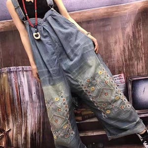 Womens Loose Fitting Casual Embroidery Jeans Jumpsuits - Etsy