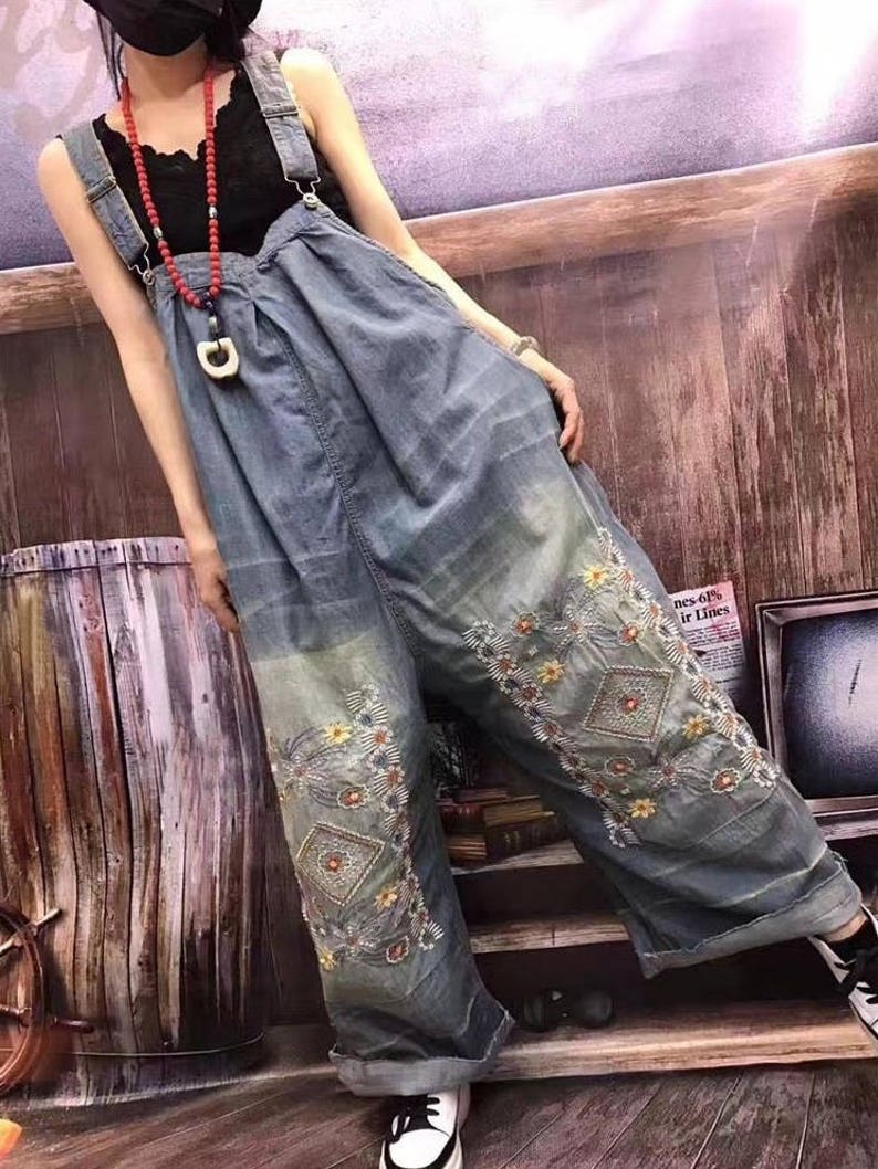 Womens Loose Fitting Casual Embroidery Jeans Jumpsuits | Etsy
