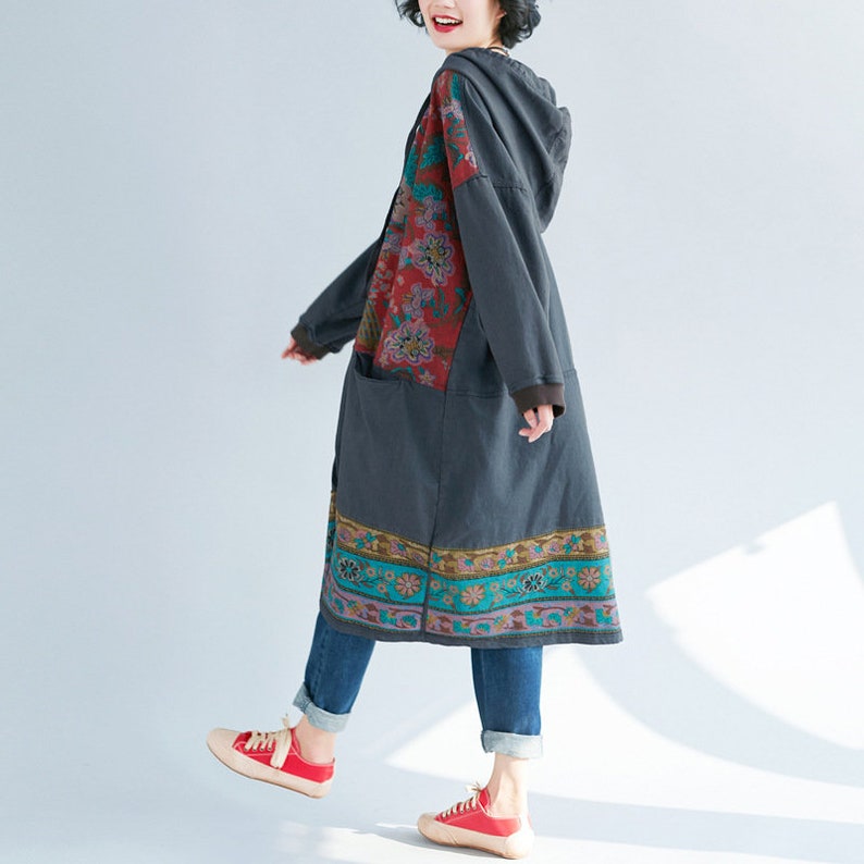 Womens Autumn Loose Fitting Printed Floral Patchwork Cotton Hoodie Dress With Pockets Autumn Dress Casual Dress Bust140CM Casual Hoodie