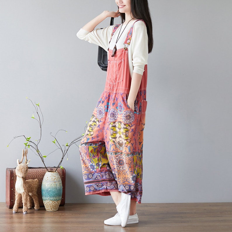 Womens Loose Fitting Printed Floral Overalls With Pockets Etsy