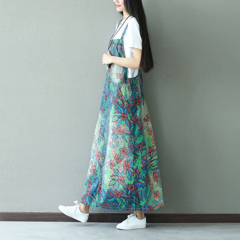 Womens Casual Loose Fitting Printed Floral Denim Jeans Dress With Pockets,Womans Casual Dress,Denim Dress Long Dress For Women Jeans Dress