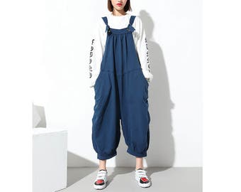 Womens Loose Fitting Casual Cotton Jumpsuits Overalls Pants With Pockets, Womans Jumpsuits Pants, Loose Pants For Women, Jumpsuits For Women