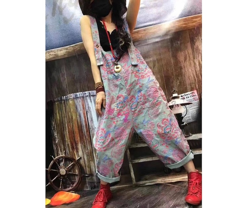 Loose Pants,Casual Overalls For Women Womens Loose Fitting Casual Printed Floral Cotton Jumpsuits Overalls With Pockets Womans Harem Pants