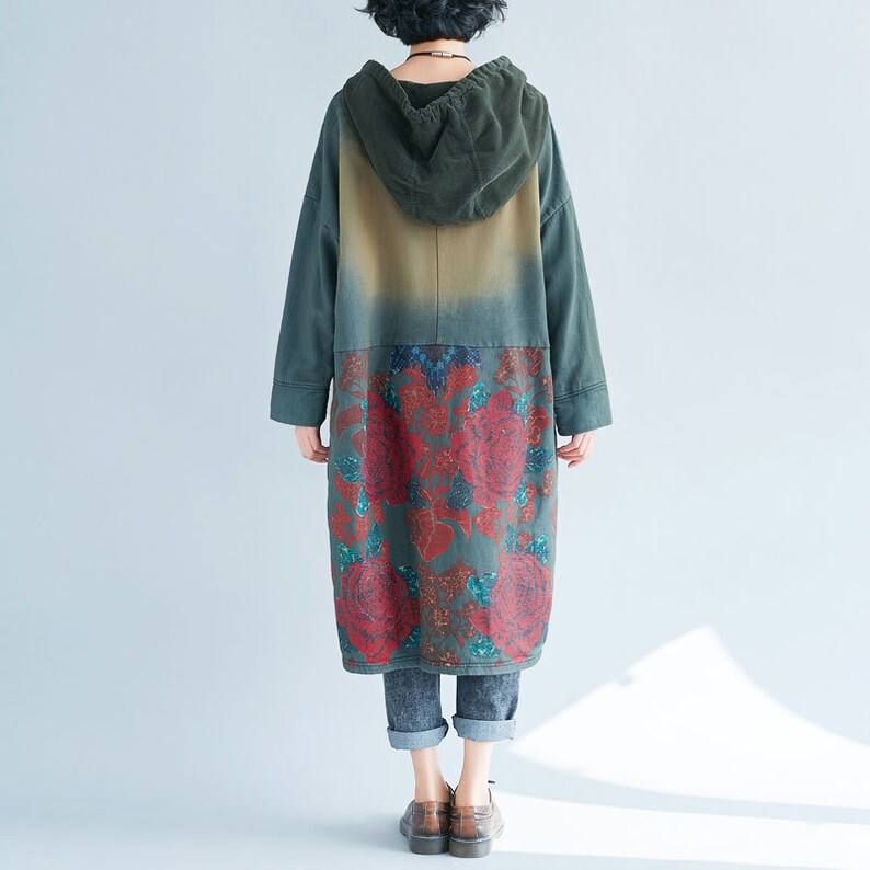 Autumn Dress For Women Womens Autumn Loose Fitting Printed Floral Patchwork Hooded Cotton Dress With Pockets Casual Hoodie Casual Dress