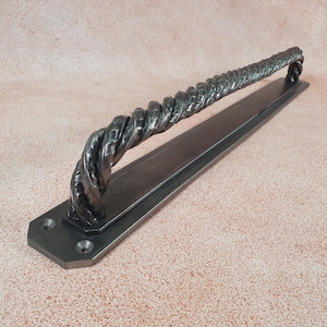 May include: A long, black metal door handle with a twisted rope design. The handle is mounted on a flat, rectangular plate.