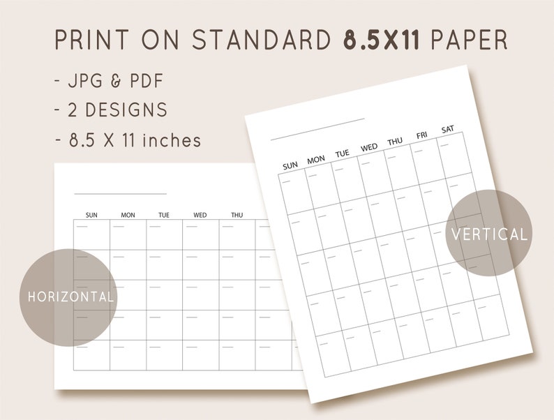 8.5x11 Blank Calendar, Monthly Calendar Template, Undated Monthly ...