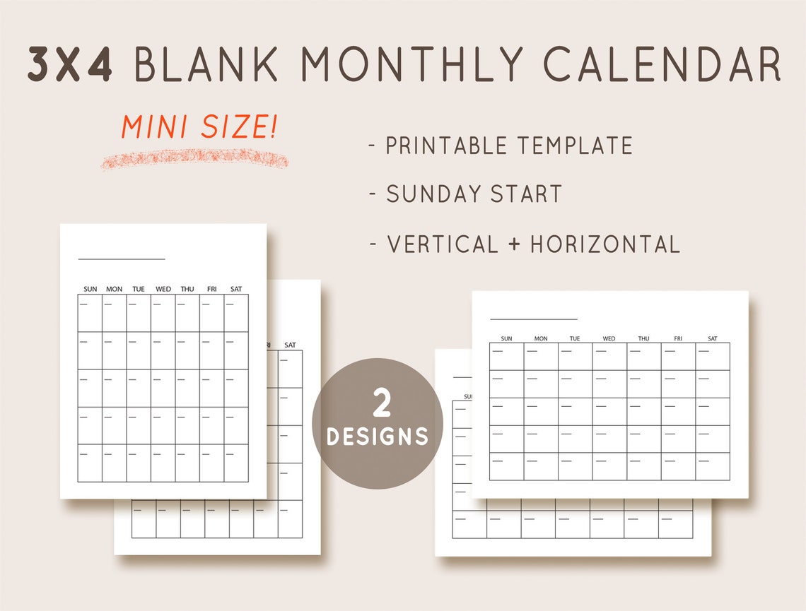 3x4 Calendar, Blank Calendar Template, Undated Monthly Calendar ...
