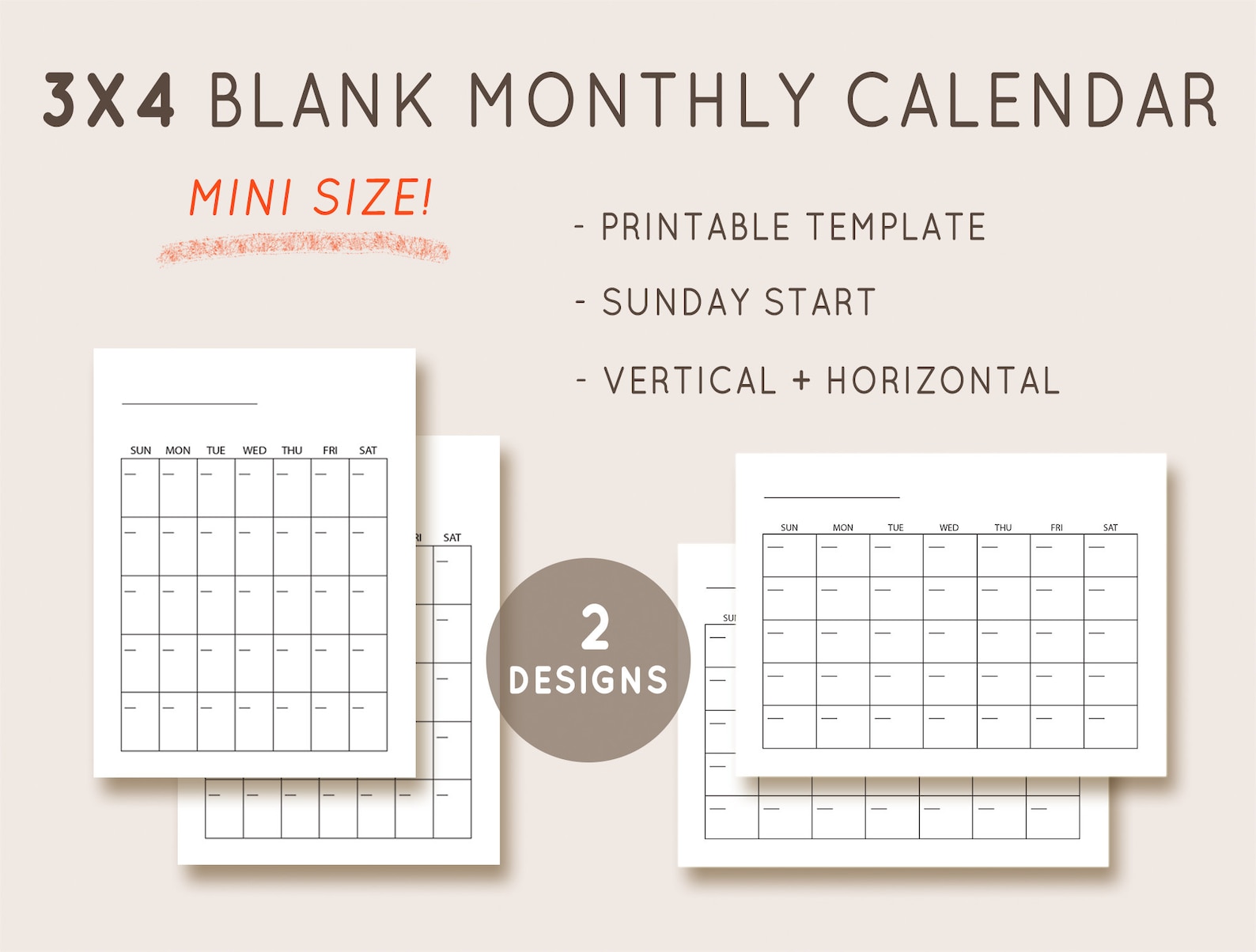 3x4 Calendar, Blank Calendar Template, Undated Monthly Calendar ...