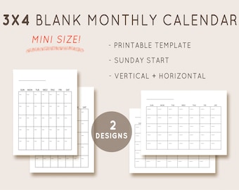 3x4 Calendar, Blank Calendar Template, Undated Monthly Calendar, Printable Calendar 2021, Plain Calendar, Instant Download, Mini Calendar