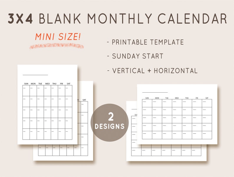 3x4 Calendar, Blank Calendar Template, Undated Monthly Calendar ...