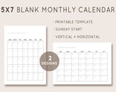 5x7 Blank Monthly Calendar Template, Vertical Horizontal (Digital Download)