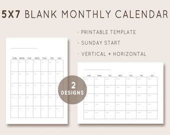 Modelo de calendário mensal em branco 5x7, vertical/horizontal (download digital)