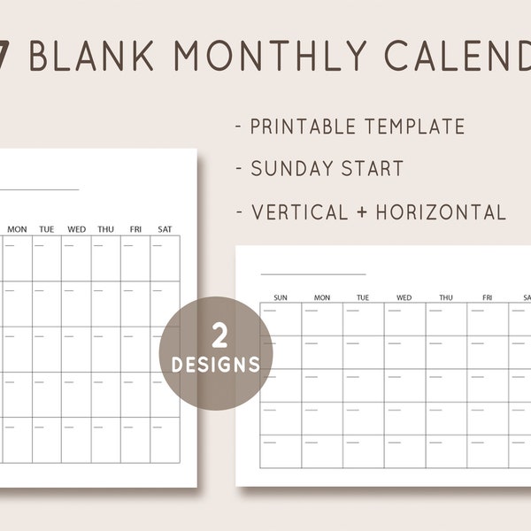 5x7 Calendar, Blank Calendar Template, Undated Monthly Calendar, Printable Calendar 2021, Plain Calendar, Instant Download, Digital Calendar