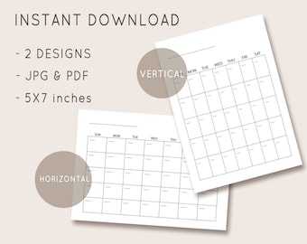 5x7 Calendar, Blank Calendar Template, Undated Monthly Calendar, Printable Calendar 2021, Plain Calendar, Instant Download, Digital Calendar - Etsy 5x7-calendar-blank-calendar-template-undated-monthly-calendar-printable-calendar-2021-plain-calendar-instant-download-digital-calendar-etsy