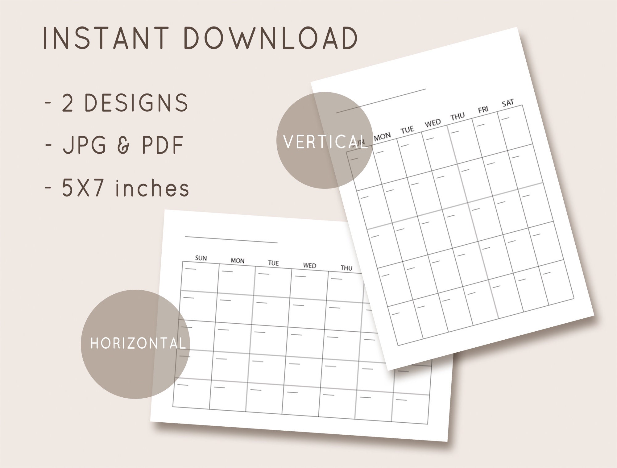5x7 Calendar, Blank Calendar Template, Undated Monthly Calendar ...