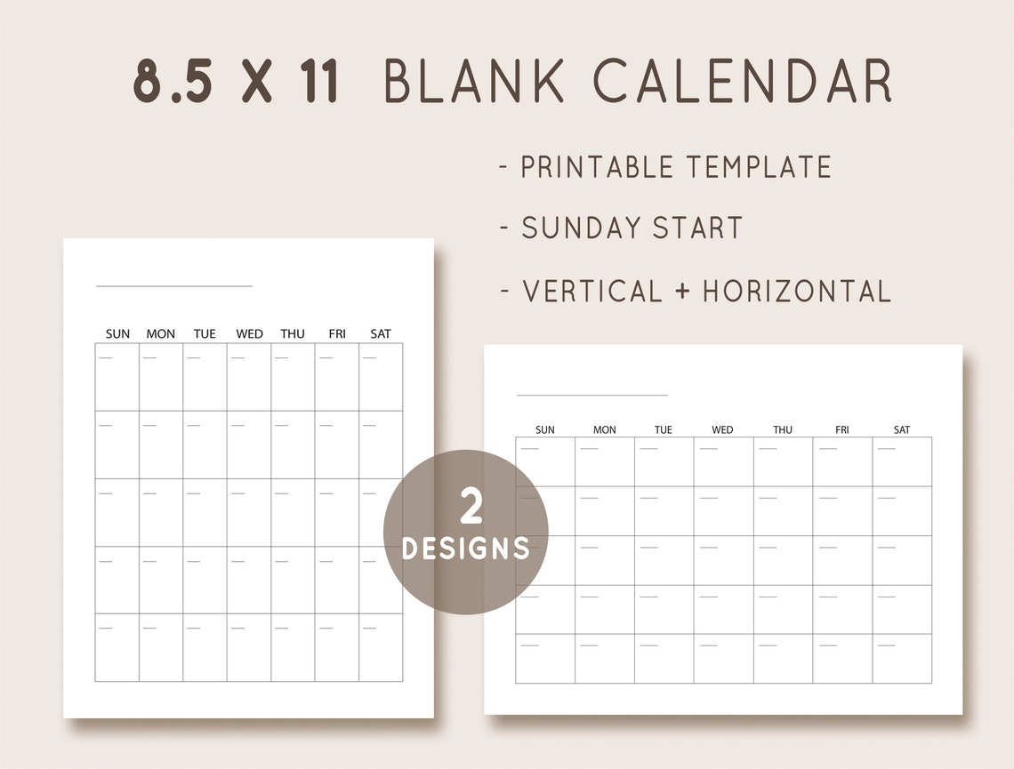 8.5x11 Blank Calendar, Monthly Calendar Template, Undated Monthly