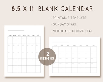 8.5x11 Blank Calendar, Monthly Calendar Template, Undated Monthly Calendar, Printable Calendar 2021, Calendar Template, Instant Download